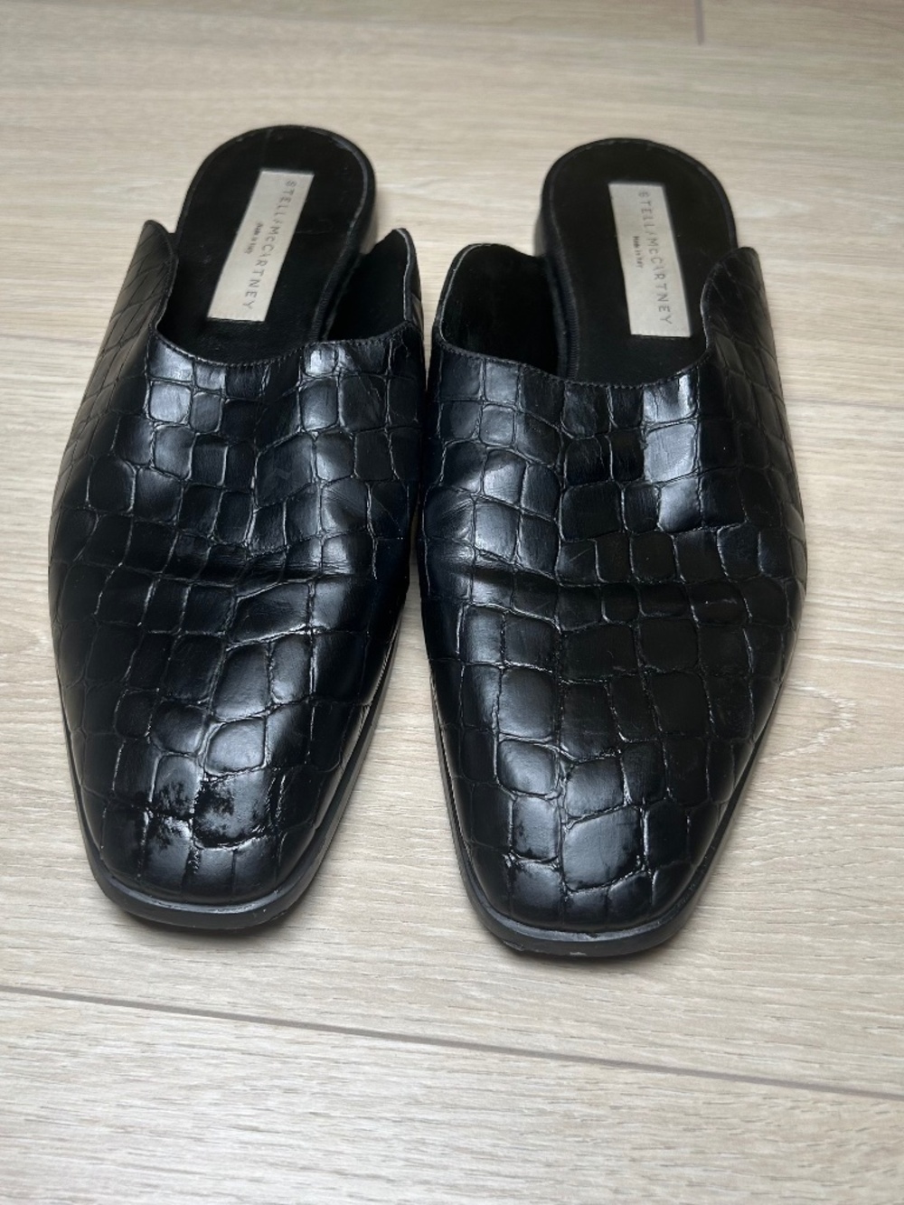 Stella McCartney Black Croc Embossed Vegan Leather Mule Flat Slide Sz 7.5 38.5